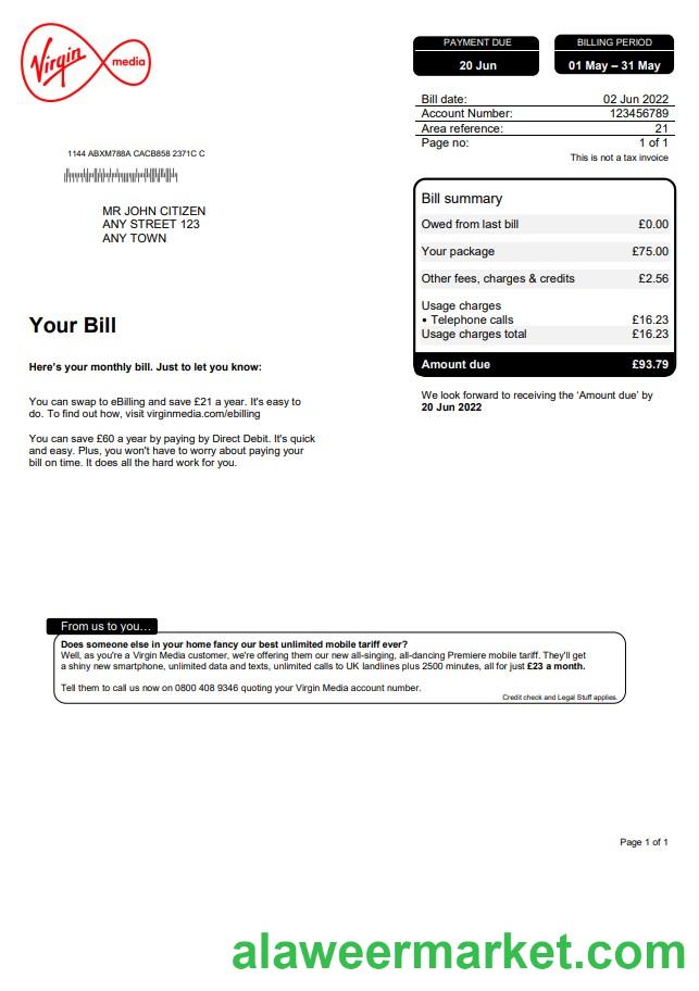 United Kingdom Virgin Media utility bill, Word and PDF template